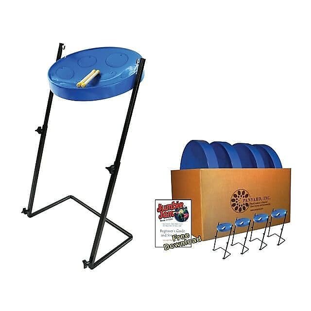 Paquete de 4 sartenes de acero azules Jumbie Jam Educator de Panyard W1179 con soporte de piso en Z de metal